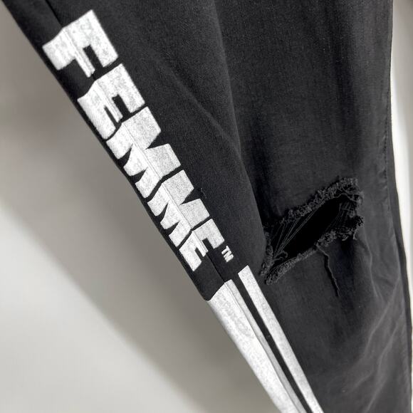 Homme + Femme NEW Skinny Distressed Jeans Mens Sz 40 Black White Logo Stripes - Picture 3 of 9